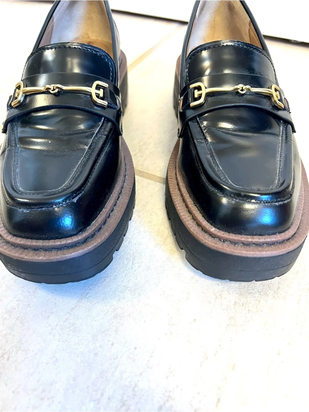Sam Edelman 5M Penny Black Patent Platform Loafers Gold Bit chunky sole classic